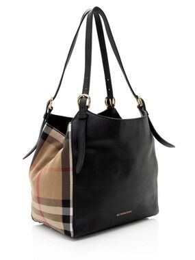 Burberry Black Leather Shoulder Bag with Beige Check Panels